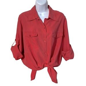 TravelSmith Orange Silk Button Down Shirt Size Medium Roll Up Sleeves Summer